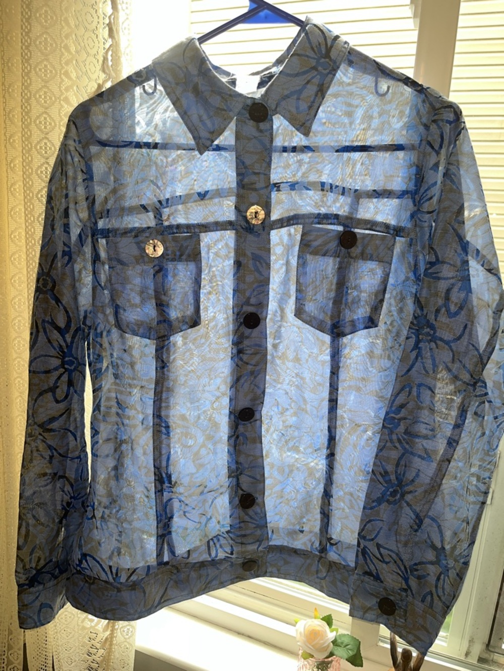 Sheer Floral Blue Button Front Jacket Shirt Top Love This 🩵 Brown Buttons